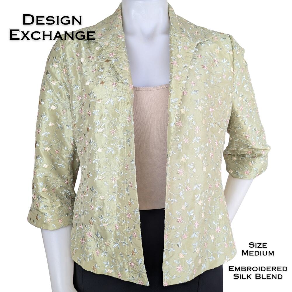 Design Exchange Blazer Jacket Medium Green Pink Embroidered Silk Blend Shimmer